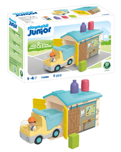 PLAYMOBIL Junior 71685 Dump Truck Sustainable Toy for Children from 1 Year Including Builder and Three Building Blocks