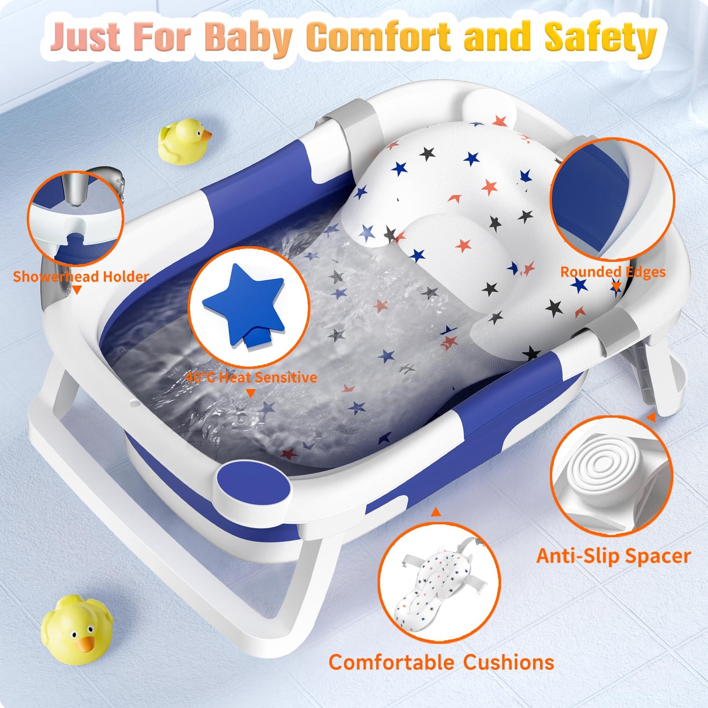 Rabb 1st Baby Badewanne Faltbare, Baby Bathtub Babywanne Faltbar Babybadewanne Tragbare Wanne für Neugeborene Kleinkinder mit Rutschfester Matte und Abflussloch (Kein Thermometer) (Grau)