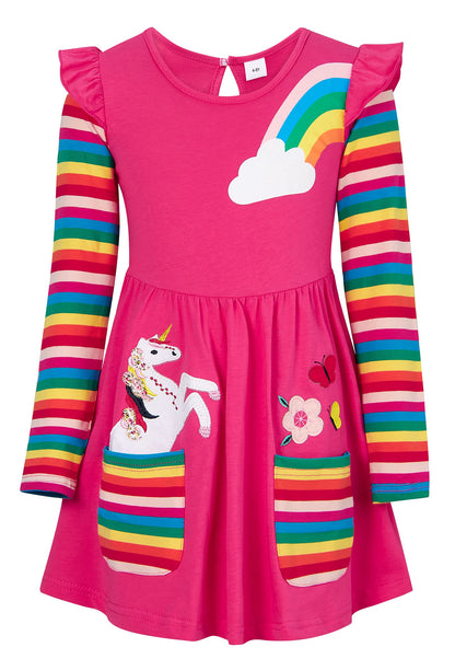 SFreeBo Girls Dresses Unicorn Rainbow Dress Kids Girls Gift Cotton Colourful Dresses for Girls 104 110 116 122 128