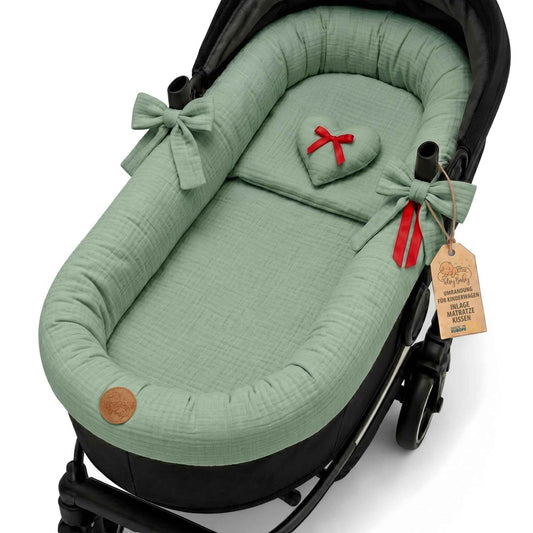 Stubenwagen Umrandung aus Musselin Baumwolle – Nestchen für Babywanne Kinderwagen und Buggy Atmungsaktiv – Schonbezug Set 3-teilig mit Kissen und Einlage für Neugeborene Gefieder