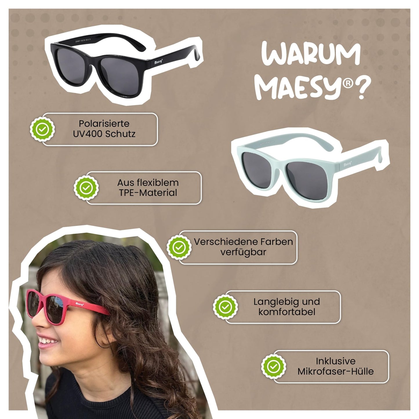 Maesy Yuki Children's Sunglasses for 6-12 Years, UV400 Polarised Protection, Flexible and Flexible Frame, Safe and Comfortable Sunglasses for Children