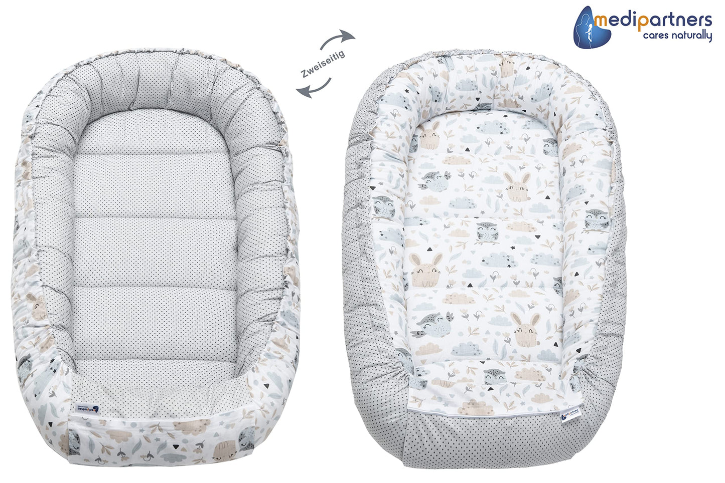 Medi Partners Babynestchen Babynest Set 100x60x15 Kuschelnest 5 teilig herausnehmbarer Einsatz Kokon Nestchen Babys Neugeborene 100% Baumwolle (REH mit Grauem Minky) - Meloni2