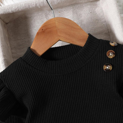 UUAISSO Kleinkind Baby Mädchen Kleidung Langarm Gerippte Oberteile Plaid Tweed Muster Rock Baskenmütze Herbst Knopf Outfits Sets