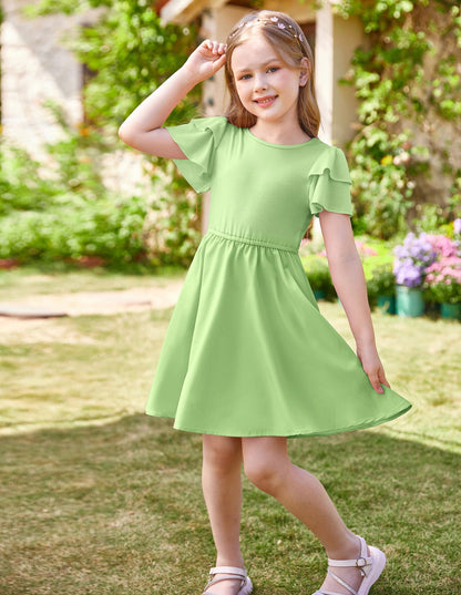 GRACE KARIN Girls Summer Dress Ruffle Short Sleeve Casual A-Line Princess Dress with Pockets Wedding Flower Girl Dresses 