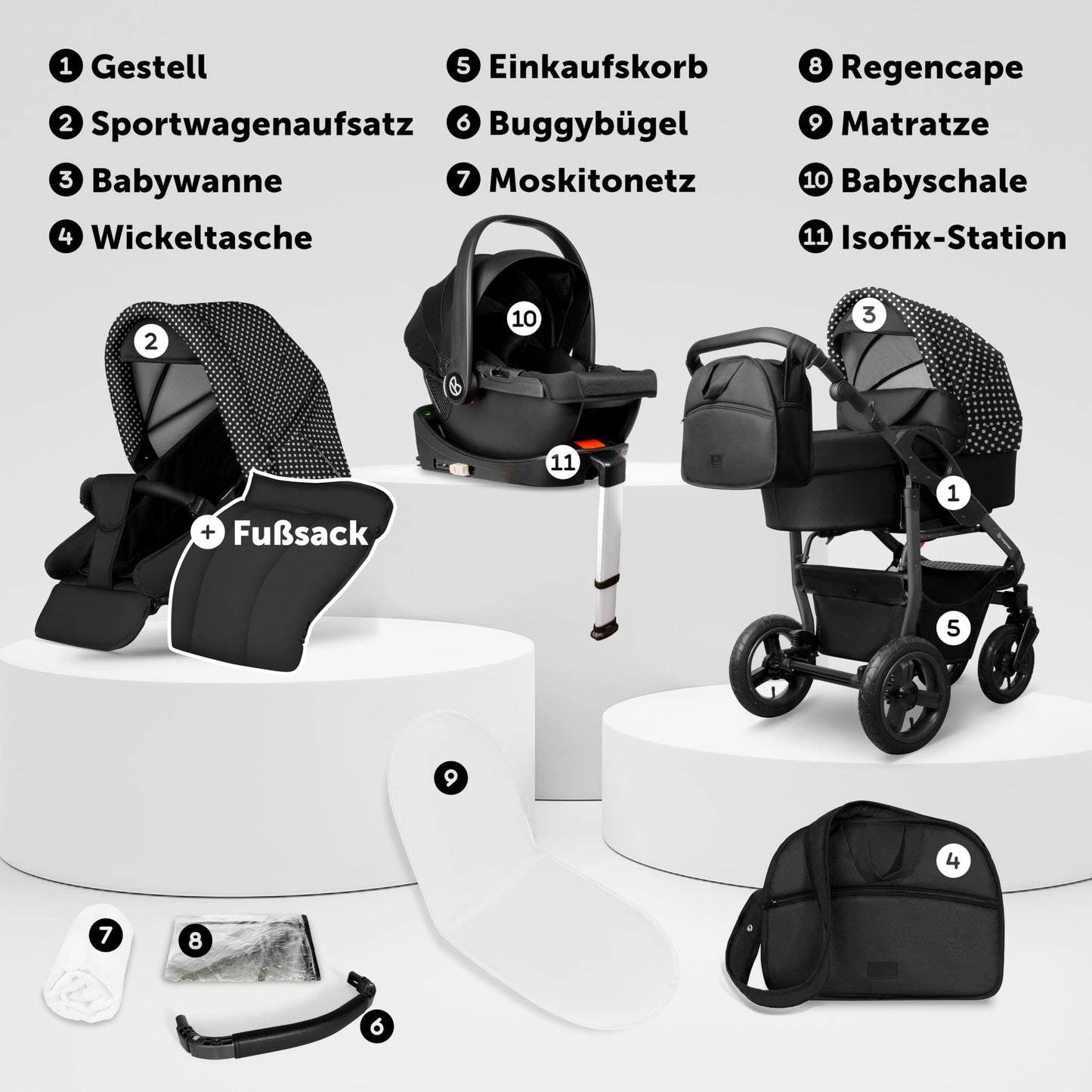 Bergsteiger Capri 3-in-1 Combination Pushchair - Baby Carrier, Sports Seat & i-Size Baby Seat, Pneumatic Tyres, Suspension, Height-Adjustable Handle, Foldable, Accessories