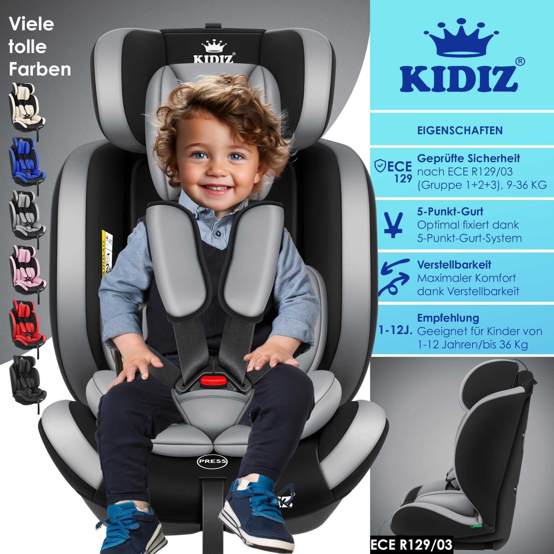 KIDIZ® Autokindersitz Kinderautositz Gruppe 1+2+3 9-36 kg 5-Punkt-Sicherheitsgurt, Autositz, Kindersitz, Einstellbare Kopfstütze, Mitwachsende Sitzerhöhung 1-12 Jahre, Stabil und Sicher - Meloni2