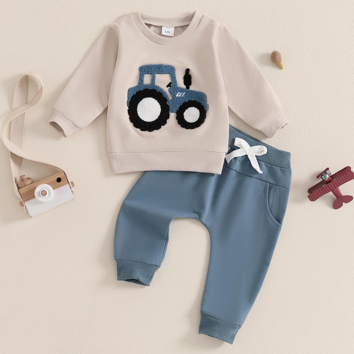 Baby-Frühlings-Outfit für Jungen, Trainingsanzüge mit Traktor-/Auto-Print, Sweatshirts mit langen Ärmeln mit Autodruck + elastische Kordelzughose, 2-teiliges Sportbekleidungsset, weiche Traktor-Outfits