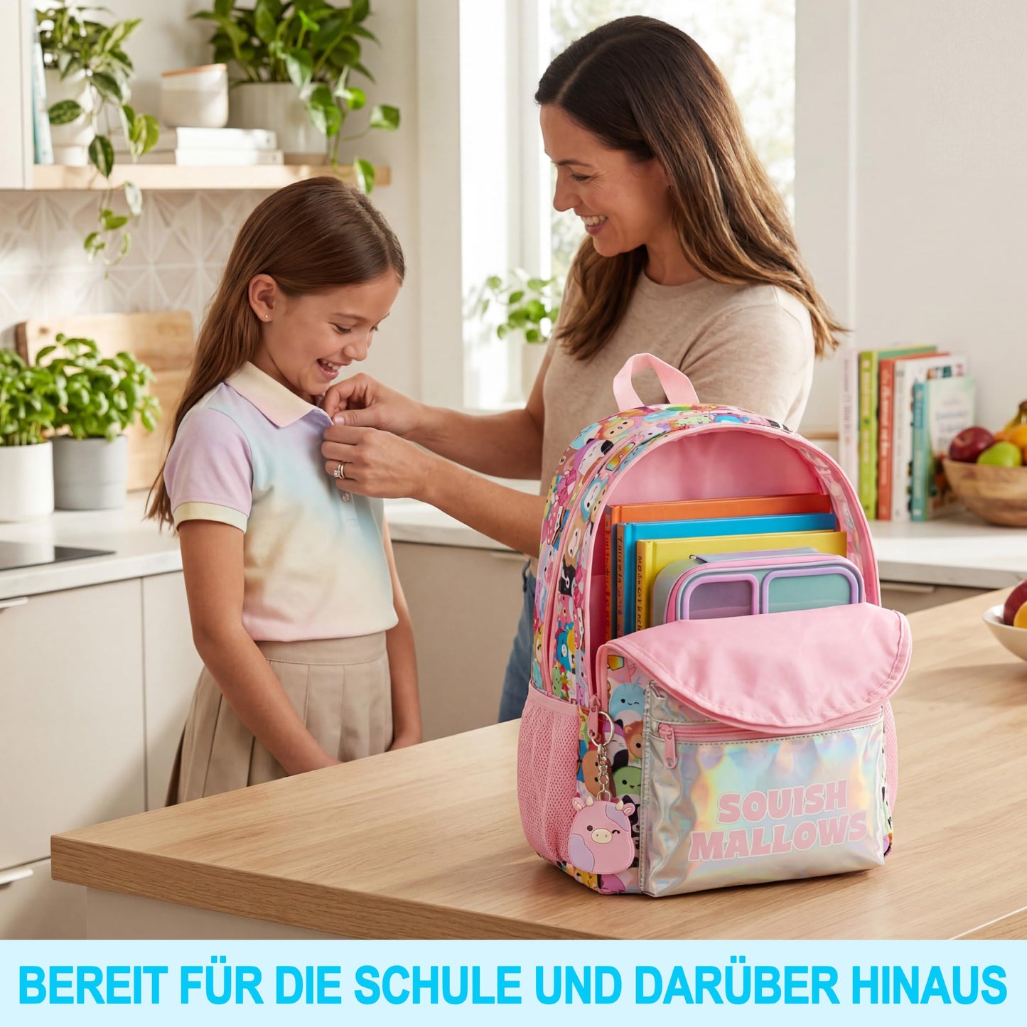 Rucksack Mädchen, Verstellbarer Reisetasche für Schule und Reise, Gepolsterte Schulrucksack mit Zwei Schlüsselanhänger, Geschenke für Kinder (Multi Squishmallows)