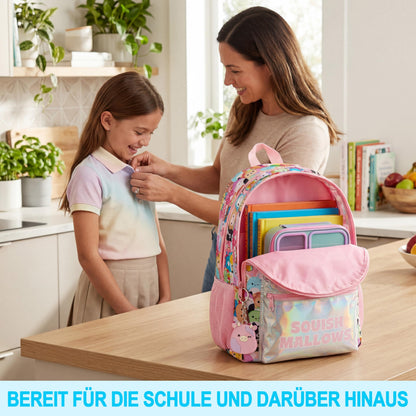 Rucksack Mädchen, Verstellbarer Reisetasche für Schule und Reise, Gepolsterte Schulrucksack mit Zwei Schlüsselanhänger, Geschenke für Kinder (Multi Squishmallows)