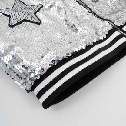 LOLANTA Girls Sequin Bomber Jacket with Pockets Zipper Long Sleeve Glitter Baseball Jackets for Kids 4-13 Years 