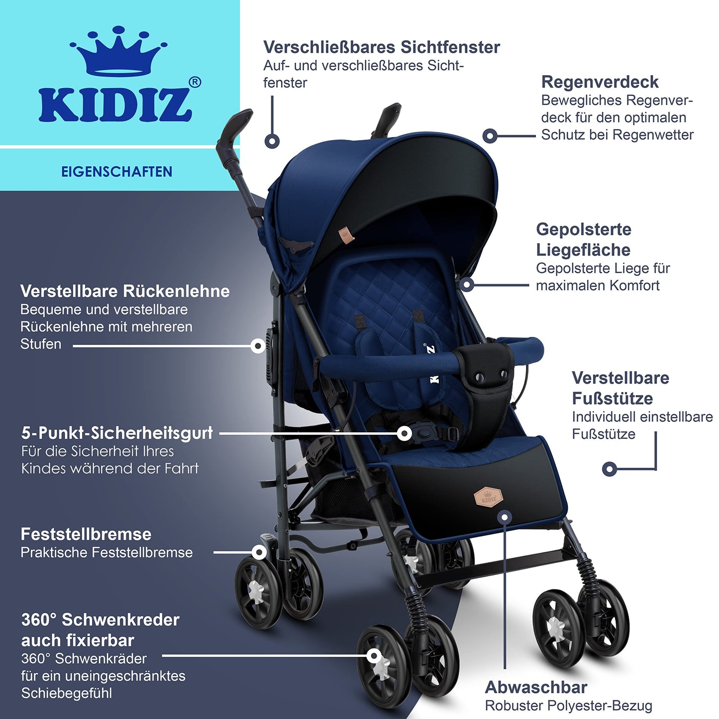 KIDIZ® City-Pro Pushchair Folding Pushchair Pushchair Sports Pushchair Foldable 360° 6 Inch Wheels Includes Mosquito Net, Footmuff and Rain Cover Foldable Sleep Function Blue 
