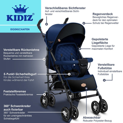KIDIZ® City-Pro Pushchair Folding Pushchair Pushchair Sports Pushchair Foldable 360° 6 Inch Wheels Includes Mosquito Net, Footmuff and Rain Cover Foldable Sleep Function Blue 