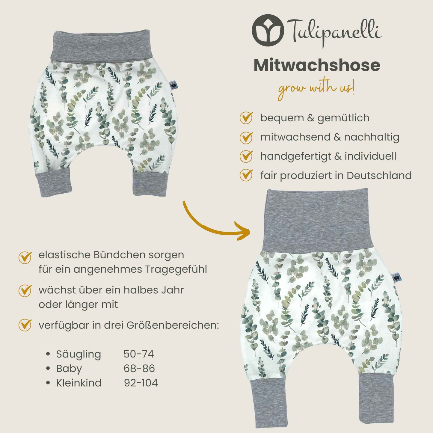 Baby Baggy Trousers, Girls' Handmade Cotton Jersey Grow Trousers, Sizes 50-74, 68-86, 92-104 (Wild Flowers, 50-74)