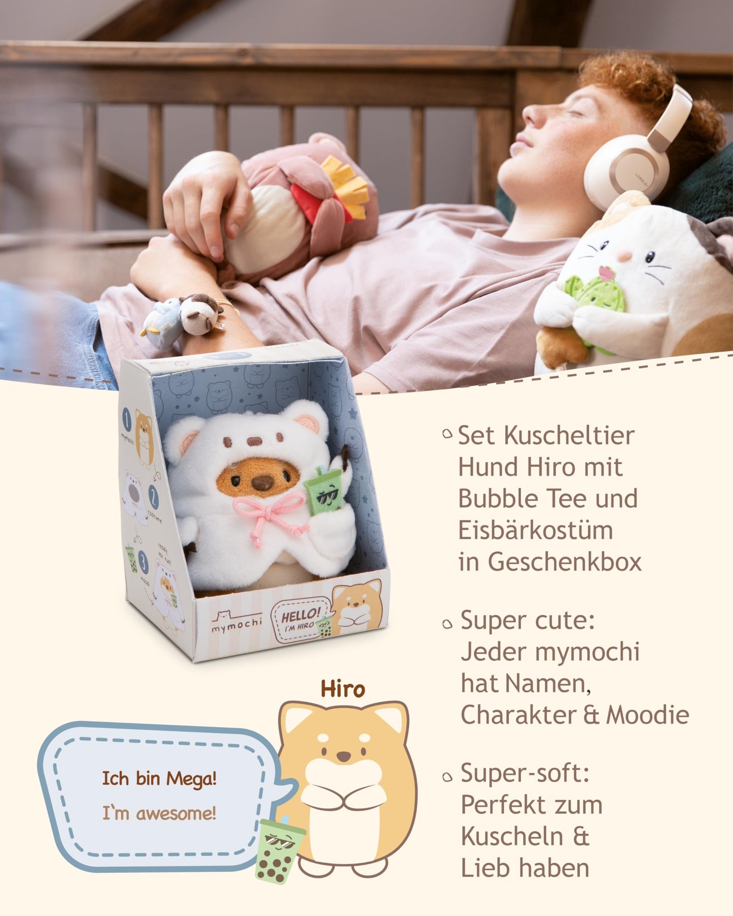 NICI MYMOCHI Kuscheltier Set - Kuscheltier Bär Nomo 8 cm mit Pommes und Bienenkostüm in Geschenkbox, Flauschiges Stofftier zum Kuscheln, Spielen und Liebhaben - 61142