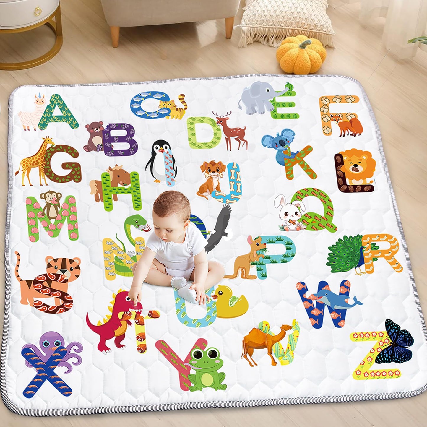 Funsland crawling carpet for babies, non-slip baby play mat, non-toxic 127x127cm, cotton animal crawling mat for babies, foldable with a height ruler, children's play mat for indoors/outdoors/fences 