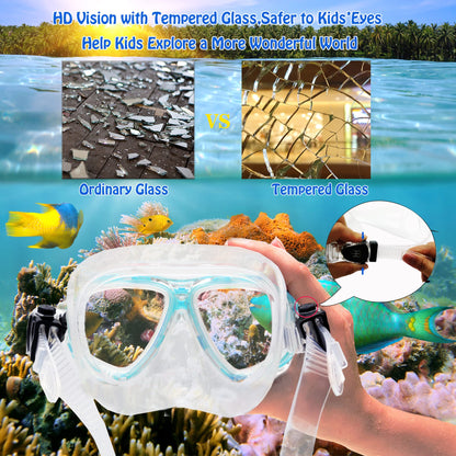 HH HHAO SPORT Children's snorkel set with fins, 180° panorama wide view diving goggles children, adjustable flippers, high-quality diving mask and dry top snorkel