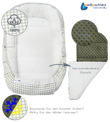 Medi Partners Babynestchen Babynest Set 100x60x15 Kuschelnest 5 teilig herausnehmbarer Einsatz Kokon Nestchen Babys Neugeborene 100% Baumwolle (REH mit Grauem Minky)