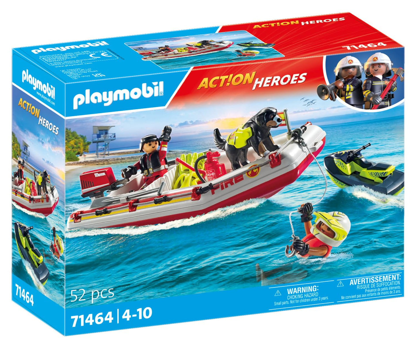 PLAYMOBIL Action Heroes 71464 Fire Boat with Aqua Scooter, Exciting Water Rescue, Includes Diving Goggles, Flippers and Life Jacket, Realistic Toy for Children from 4 Years