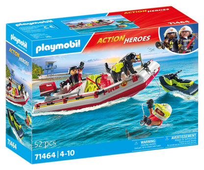 PLAYMOBIL Action Heroes 71464 Fire Boat with Aqua Scooter, Exciting Water Rescue, Includes Diving Goggles, Flippers and Life Jacket, Realistic Toy for Children from 4 Years