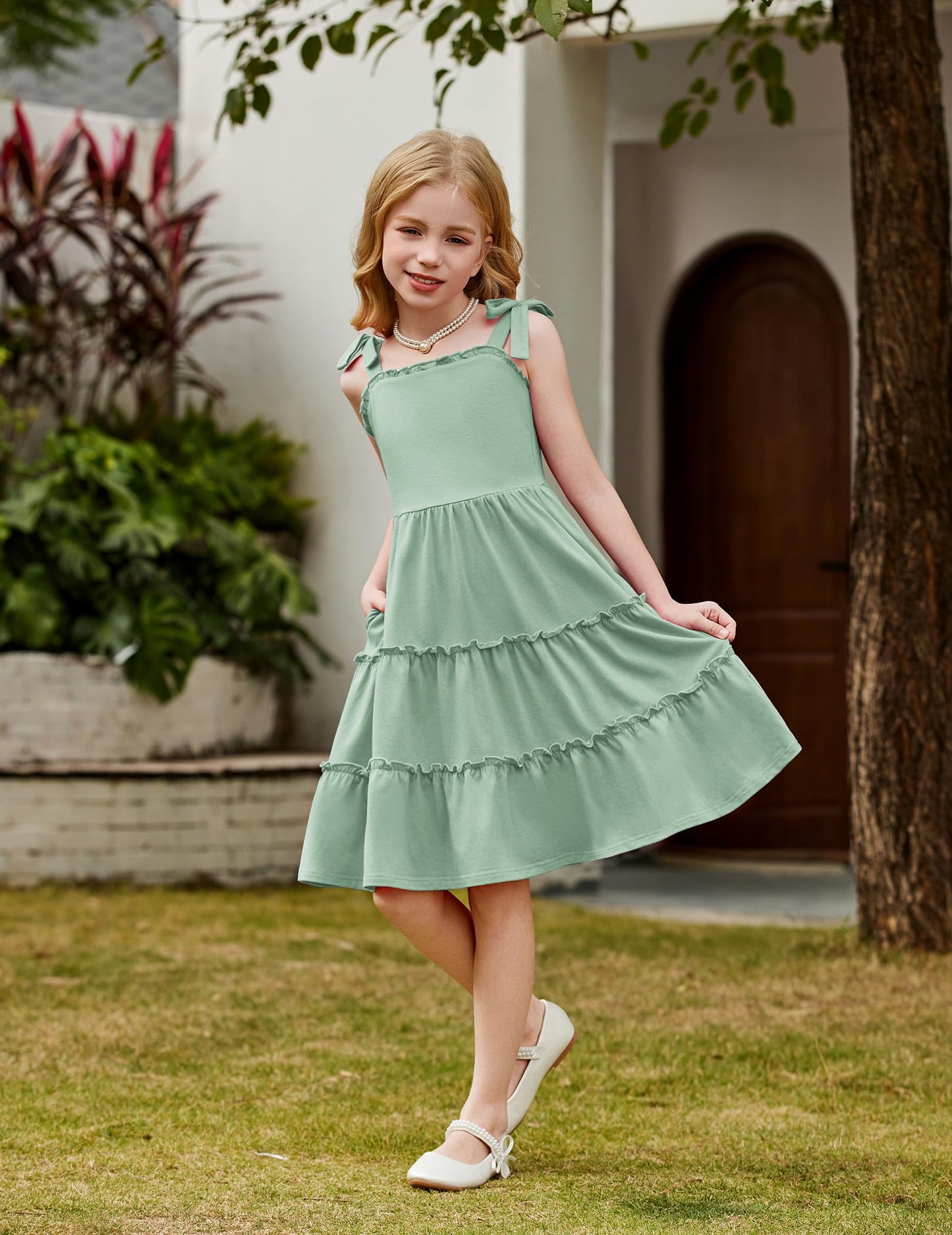 Arshiner Mädchen Kleider Fliege Trägerkleid Kinder Baumwolle Sommerkleid Ärmelloses A-Linie Swingkleid Schulterfrei Elegant Freizeitkleid für Mädchen 5-15 Jahre