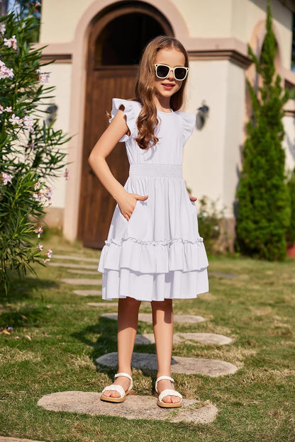 Arshiner Girls Dresses Flutter Sleeves Kids Summer Cotton Formal Dress A-Line Waist Lace-up Casual Dress Swing Dress Elegant Sleeveless Dress for Girls 5-13 Years 