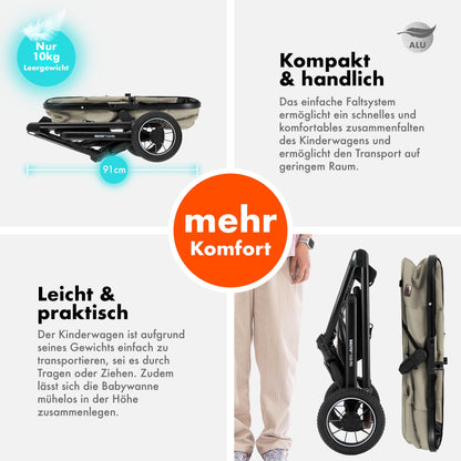 Daliya® FLEXI-PRO M 2in1 Kombikinderwagen & Buggy – XXL-Set, Reise-Kinderwagen mit Einhand-Abnahme, Wetterschutz, Sportsitz, Wickeltasche, Spieltisch, Regenschutz, dicke Matratze (Olivgrün)