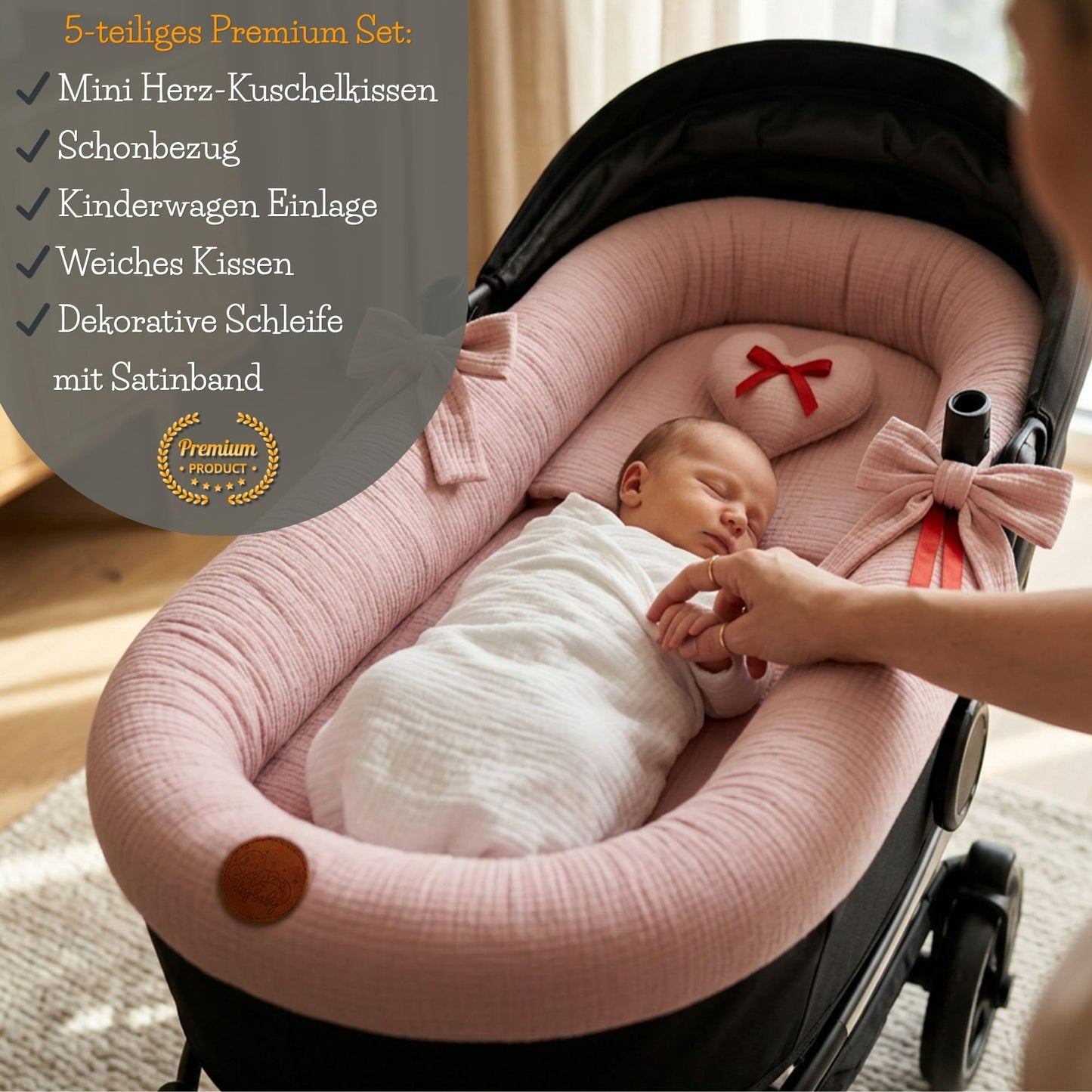 Stubenwagen Umrandung aus Musselin Baumwolle – Nestchen für Babywanne Kinderwagen und Buggy Atmungsaktiv – Schonbezug Set 3-teilig mit Kissen und Einlage für Neugeborene Gefieder