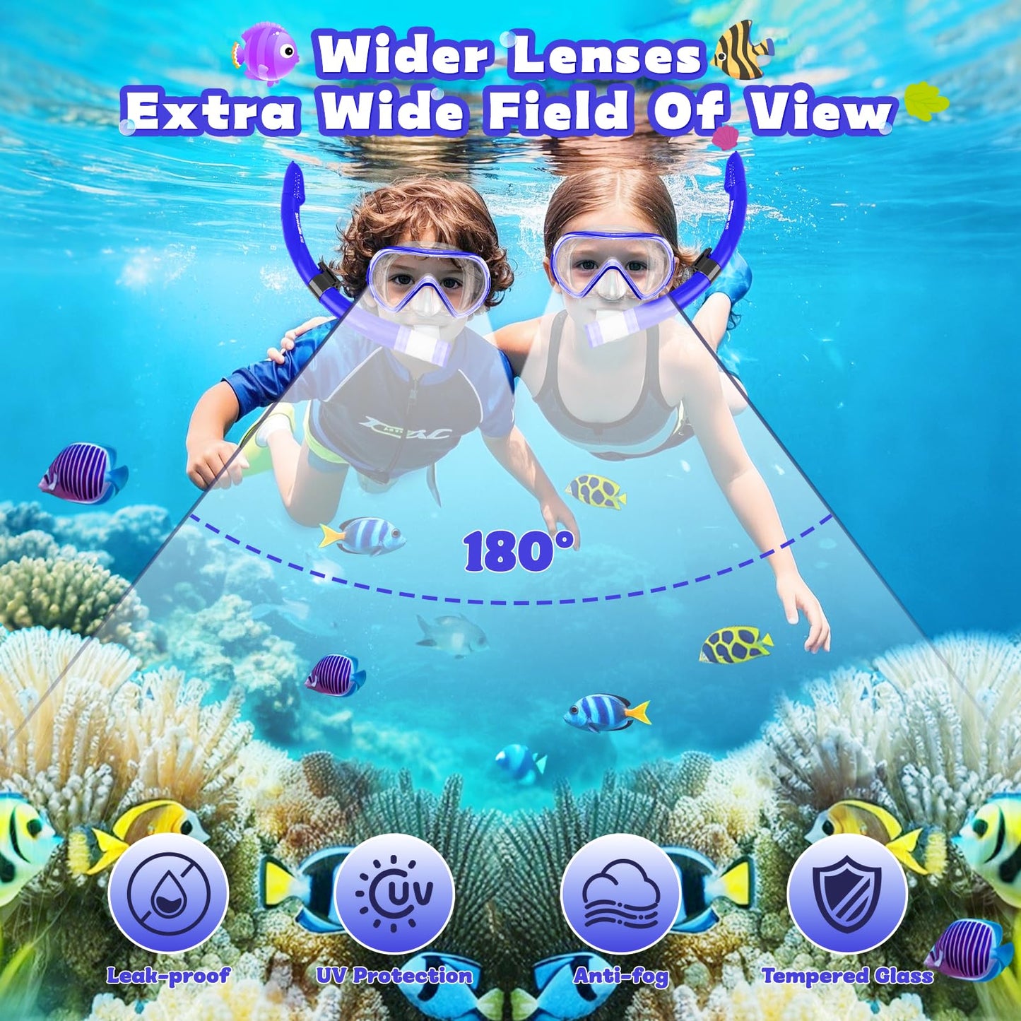 SkrekuiMa Taucherbrille Kinder | Schwimmbrille Kinder Schnorchelmaske Anti-Fog Anti-Leck | Tauchmaske Kinder 180°Panorama HD Tempered Glas für Kinder 4-12 Jahre Jungen Mädchen