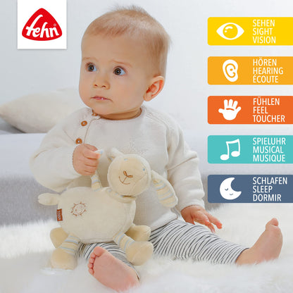 Fehn Spieluhr Baby Einschlafhilfe Schaf - Kuscheltier mit sanfter Einschlafhilfe Melodie "Guten Abend, gut´ Nacht" - Babyspielzeug für Unterwegs und Zuhause - Musikspielzeug für Babys und Kleinkinder