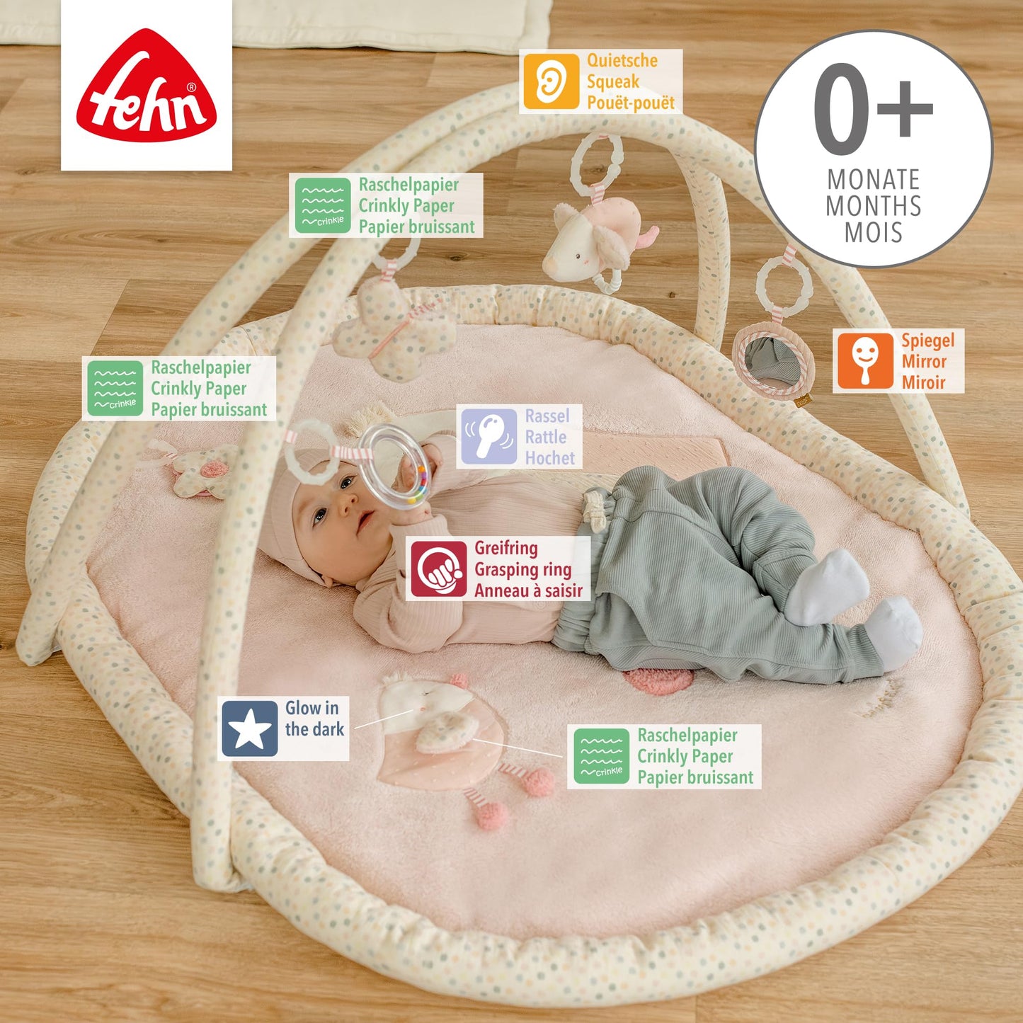 Fehn 3-D-Activity-Decke Spielbogen Peru – Baby Krabbeldecke mit 5 abnehmbaren Spielzeugen zum Greifen – Spieldecke für Babys und Kinder ab 0+ Monaten – Krabbelmatte als Geschenk zur Geburt