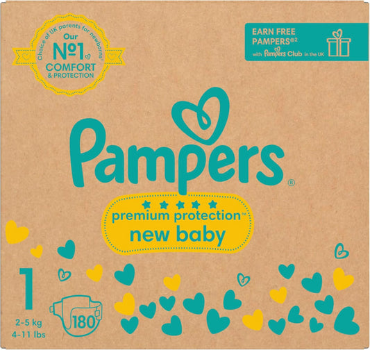 Pampers Premium Protection New Baby Size 1, 180 Nappies, 2-5 kg, Monthly Pack + Pampers Harmony Aqua Baby Wipes, 1 Pack of 10 Wipes