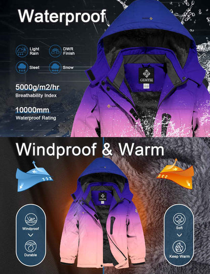 GEMYSE Girls' Waterproof Ski Jacket Windproof Fleece Outdoor Winter Jacket Rain Jacket with Hood