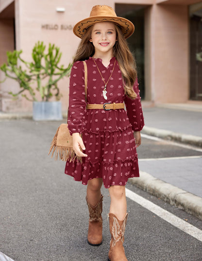 Arshiner Dress Girls Festive Flounce V-Neck Long Sleeve Dress Swiss Dot Chiffon Dress Children Tiered Dress A-Line Party Dress Wedding Princess Dress Swing Skater Dress 5-12 Years 
