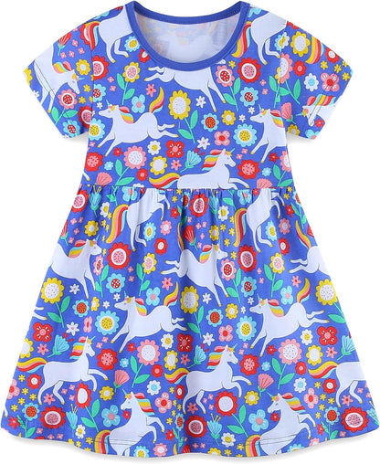 TEDD Mädchen Kleider Kurzarm Einhorn Blumen Sommerkleid Baumwolle Kleid Geburtstag Party Mädchenkleid Gr. 92-122