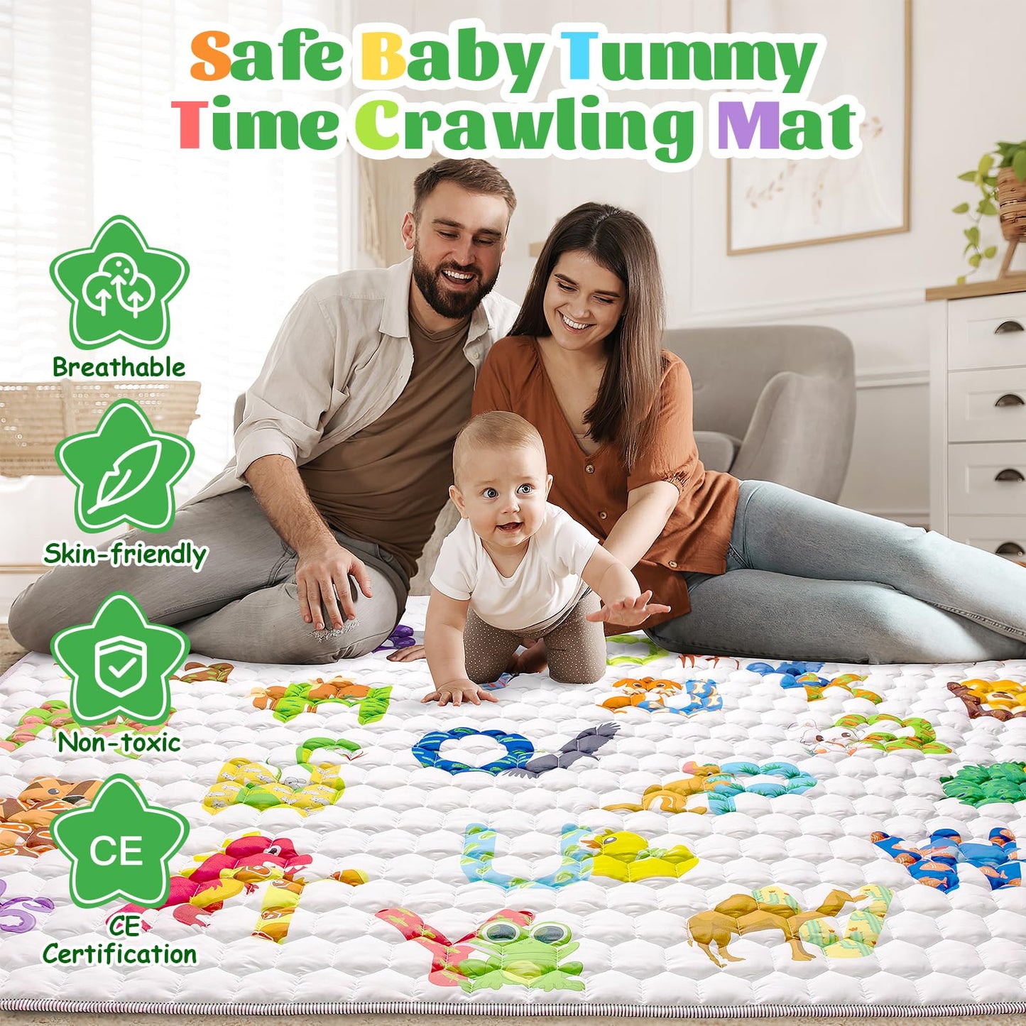 Funsland crawling carpet for babies, non-slip baby play mat, non-toxic 127x127cm, cotton animal crawling mat for babies, foldable with a height ruler, children's play mat for indoors/outdoors/fences 