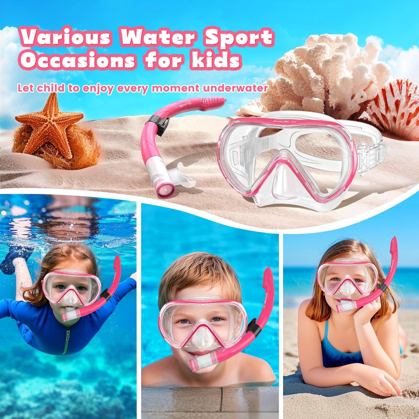 SkrekuiMa Taucherbrille Kinder | Schwimmbrille Kinder Schnorchelmaske Anti-Fog Anti-Leck | Tauchmaske Kinder 180°Panorama HD Tempered Glas für Kinder 4-12 Jahre Jungen Mädchen