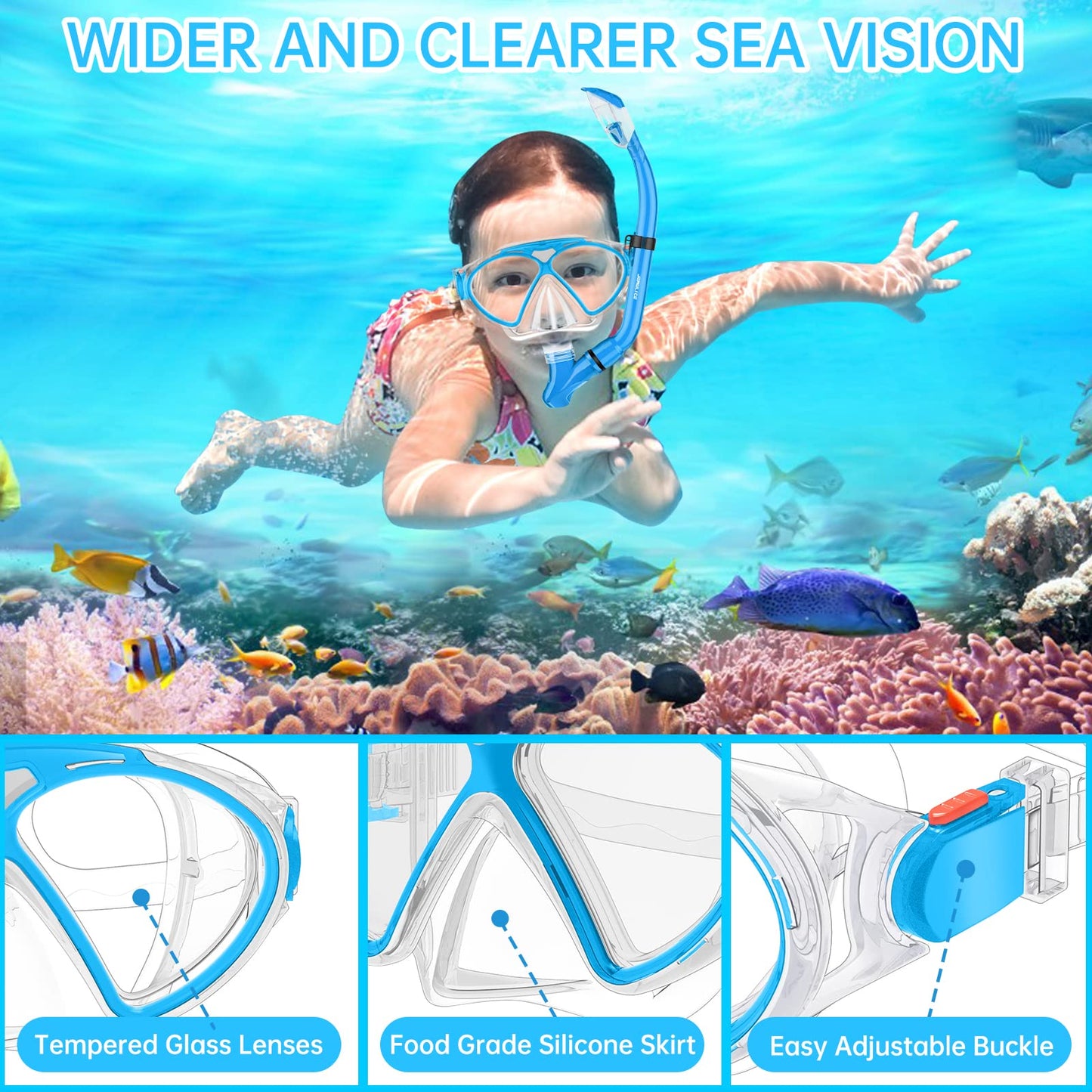 JEMULICE Taucherbrille Kinder, Schwimmbrille Kinder Schnorchelmaske für Jungen Mädchen, Tauchmaske mit Nasenabdeckung 180°Panorama HD Anti Nebel Anti-Leck Schwimmmaske für Kinder 4-16 Jahre