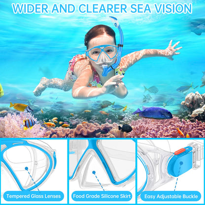JEMULICE Taucherbrille Kinder, Schwimmbrille Kinder Schnorchelmaske für Jungen Mädchen, Tauchmaske mit Nasenabdeckung 180°Panorama HD Anti Nebel Anti-Leck Schwimmmaske für Kinder 4-16 Jahre