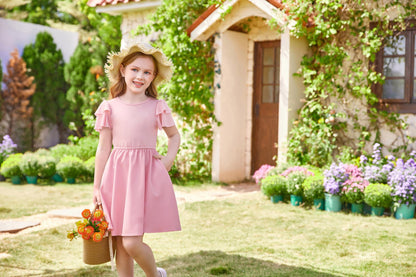 GRACE KARIN Girls Summer Dress Ruffle Short Sleeve Casual A-Line Princess Dress with Pockets Wedding Flower Girl Dresses 