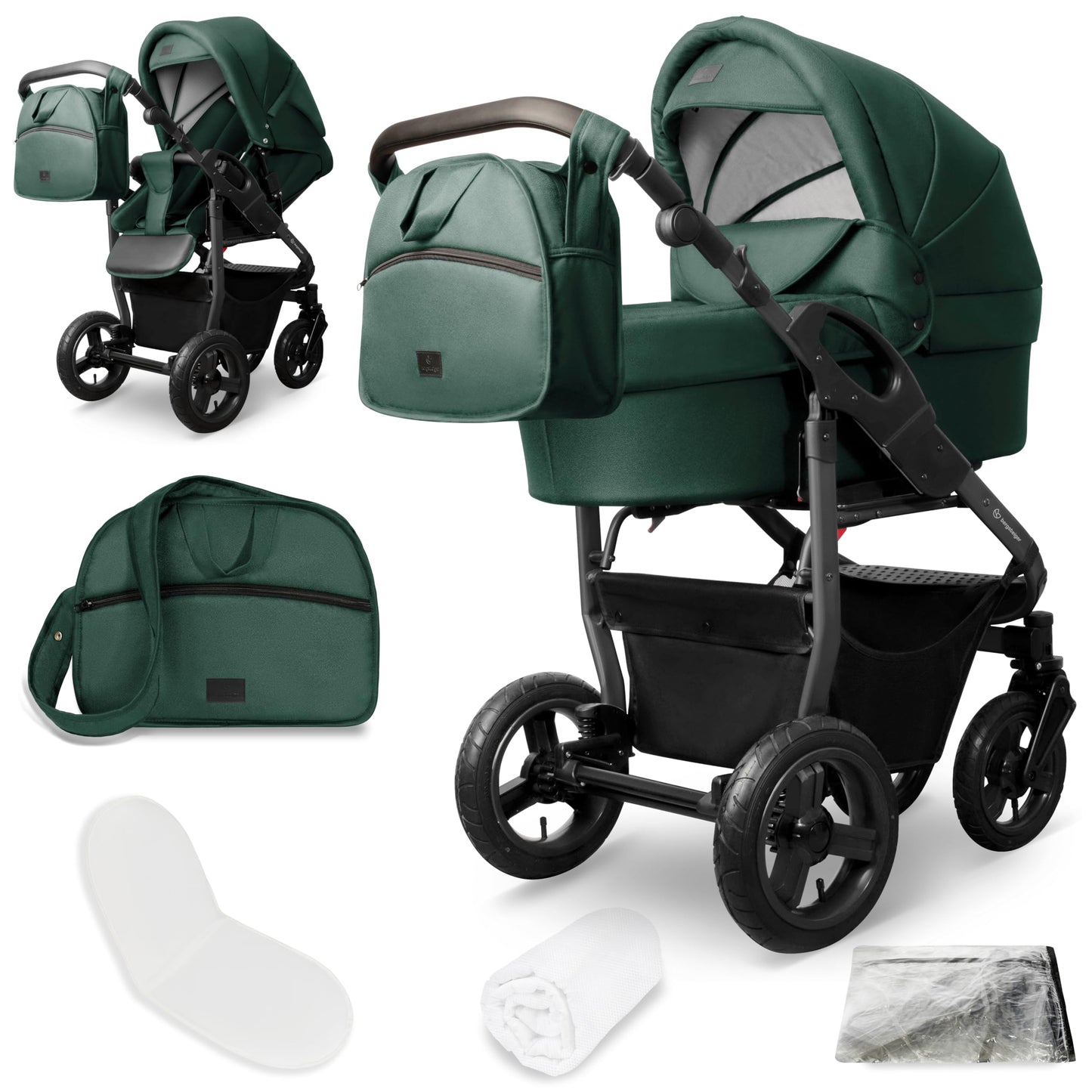 Bergsteiger Capri 3-in-1 Combination Pushchair - Baby Carrier, Sports Seat & i-Size Baby Seat, Pneumatic Tyres, Suspension, Height-Adjustable Handle, Foldable, Accessories