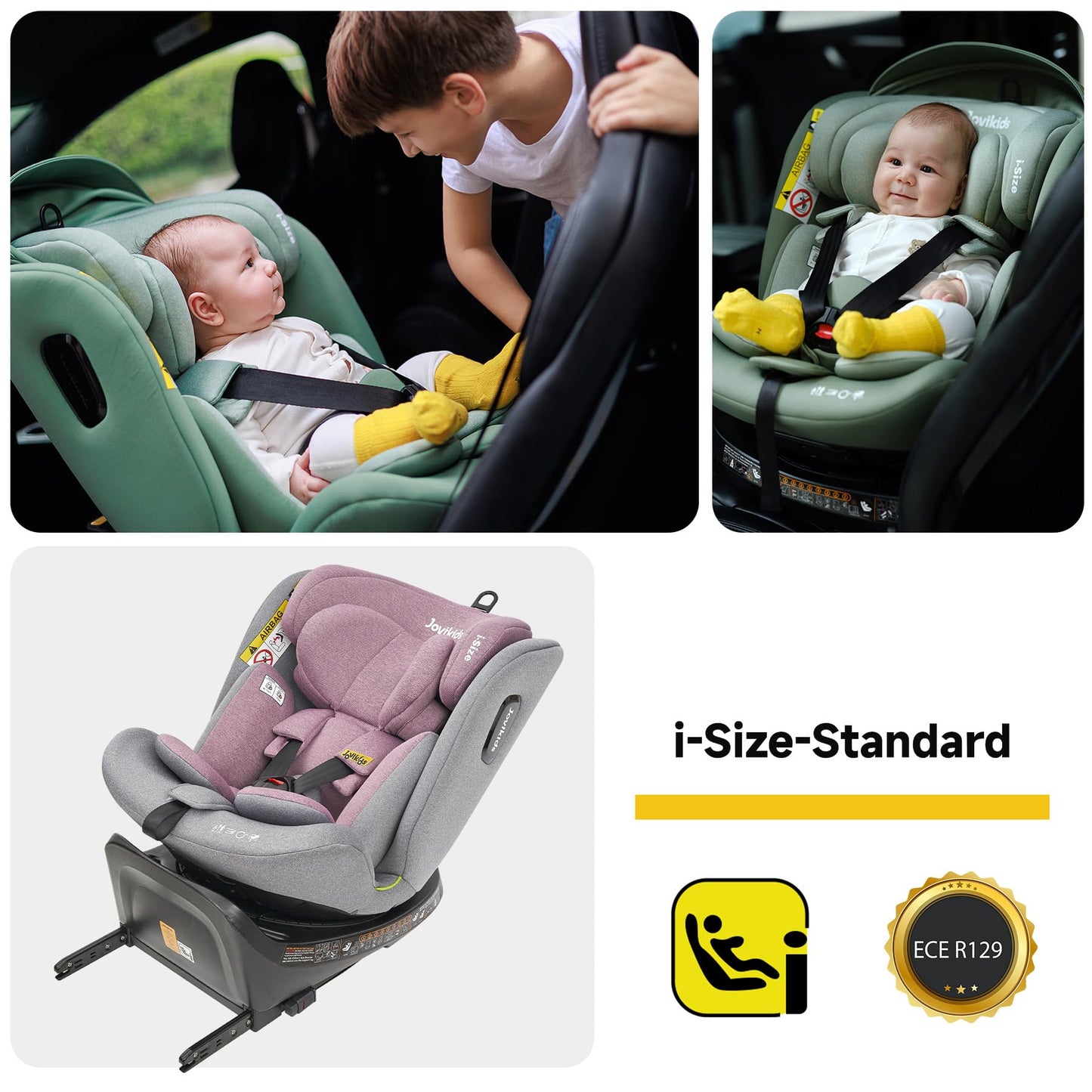 Jovikids 360° Drehbar Kindersitz mit ISOFIX, i-Size 40-150cm(ab Geburt -12 Jahre) Baby Autositz Reboarder mit Liegefunktion & Abnehmbar Vordach, ECE R129 (Rosa) - Meloni2