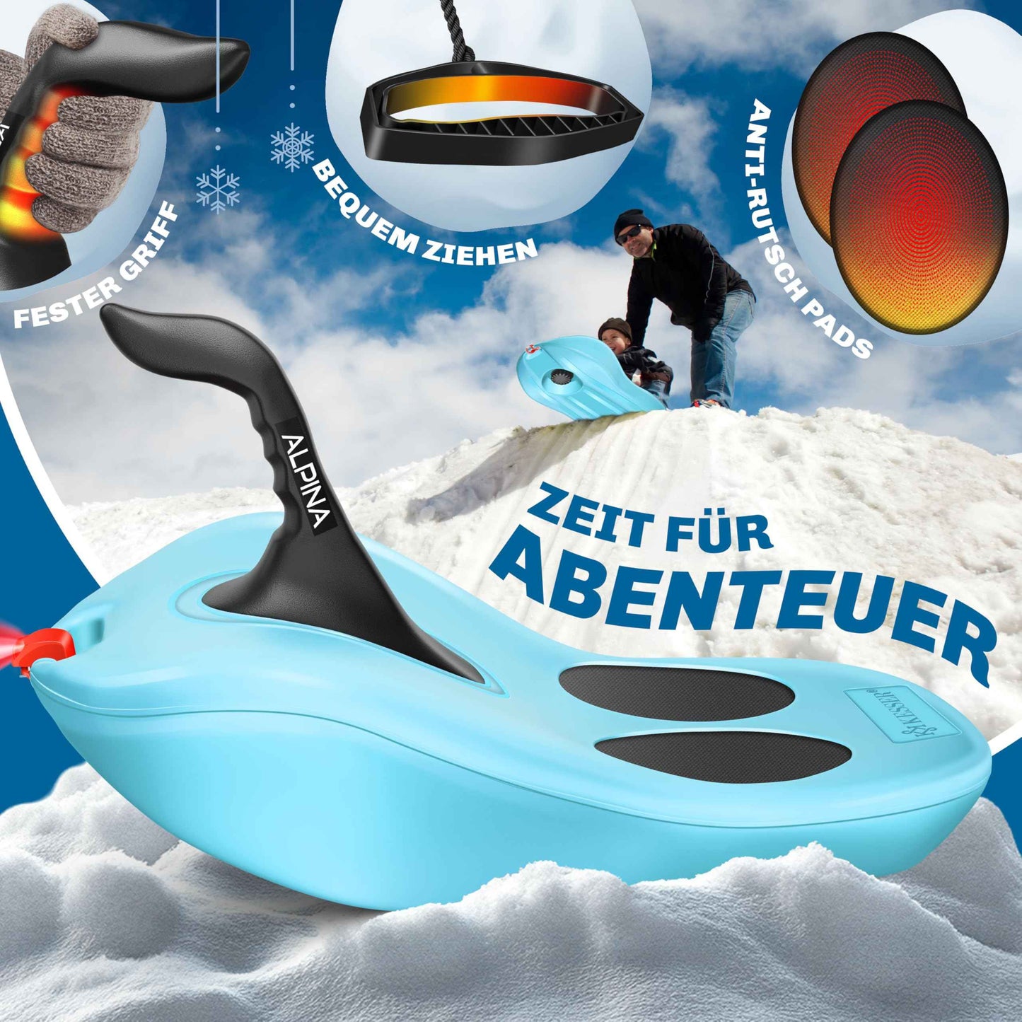KESSER® Bob Snow Bob Alpina with LED Light Including Pull Rope Sledge Children's Sledge Pointed Bob Plastic Sledge Stable for Children and Adults Snow Sports Winter Sports Sledge