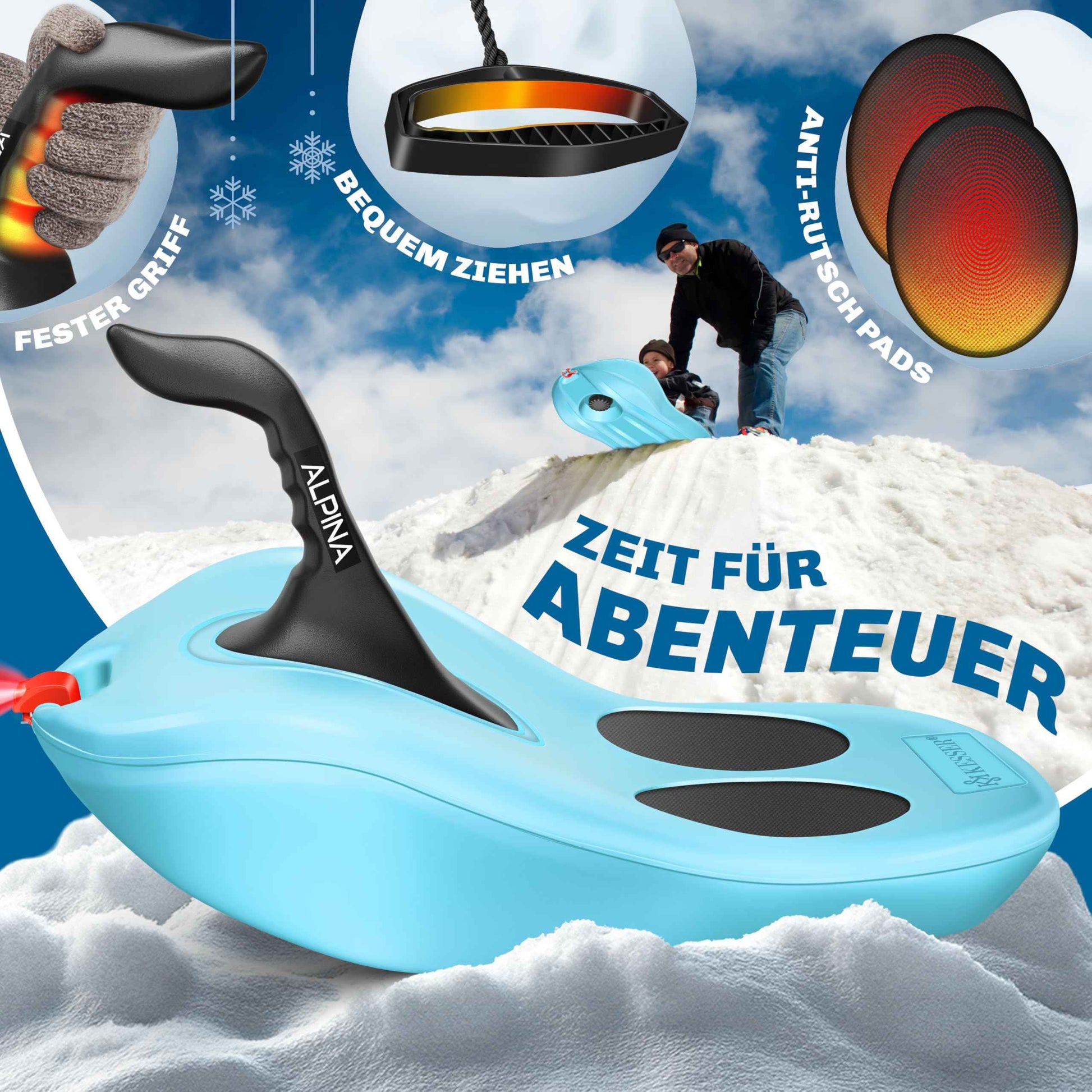 KESSER® Bob Snow Bob Alpina with LED Light Including Pull Rope Sledge Children's Sledge Pointed Bob Plastic Sledge Stable for Children and Adults Snow Sports Winter Sports Sledge