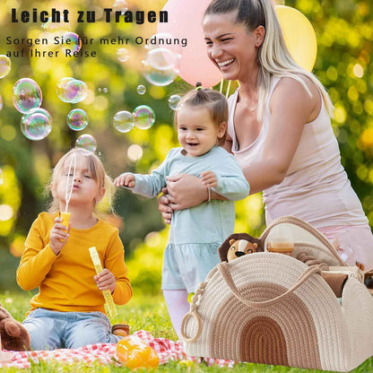 Changing Bag Organiser, Baby Nappy Caddy Basket, Portable Storage Basket for Changing Table, Changing Basket Organiser with Compartments & Handles, Cotton Rope Basket for Baby Shower Gifts (White