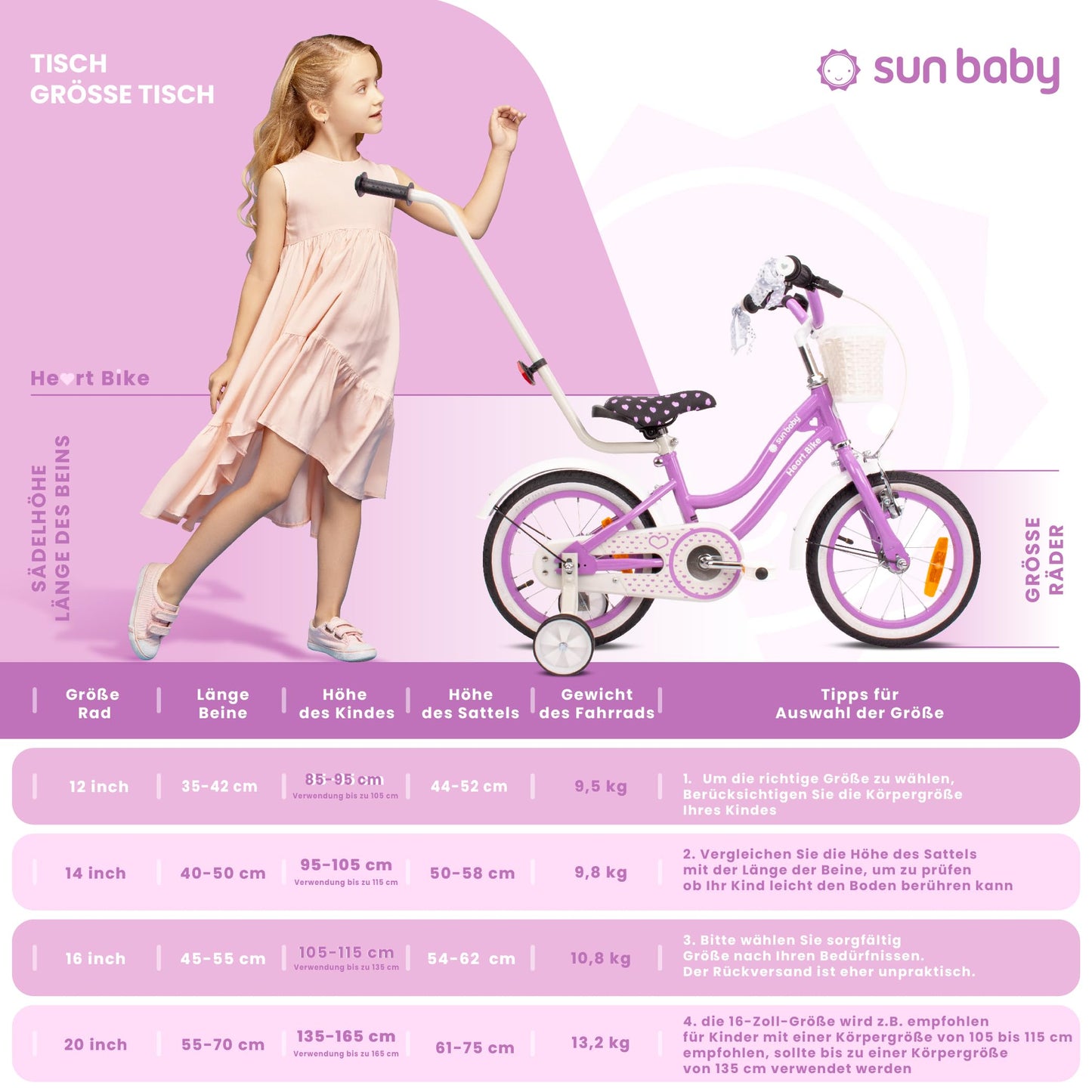 sun baby Mädchenfahrrad 12, 14 und 16 Zoll Radgröße Heart Bike zur Auswahl, mit Abnehmbarer Schubstange, Kinderfahrrad für Mädchen von 2 bis 6 Jahre - Meloni2
