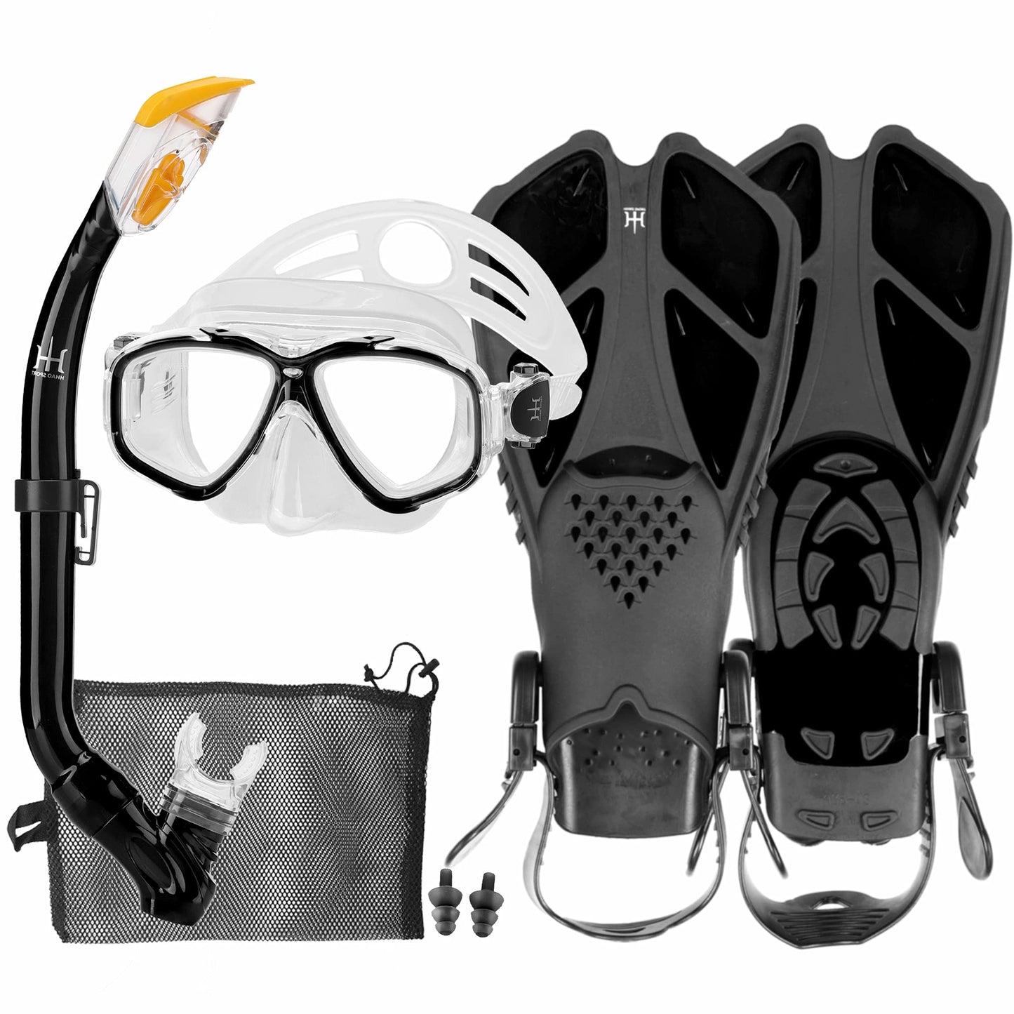 HH HHAO SPORT Children's snorkel set with fins, 180° panorama wide view diving goggles children, adjustable flippers, high-quality diving mask and dry top snorkel