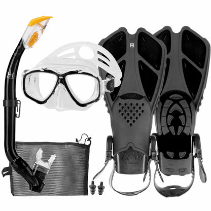 HH HHAO SPORT Children's snorkel set with fins, 180° panorama wide view diving goggles children, adjustable flippers, high-quality diving mask and dry top snorkel