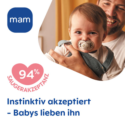 MAM Original Schnuller im 2er-Set, zahnfreundlicher Baby Schnuller aus nachhaltigen & bio-erneuerbaren Materialien, Sauger aus MAM SkinSoft Silikon, mit Schnullerbox, 6-16 Monate, rosa/lila
