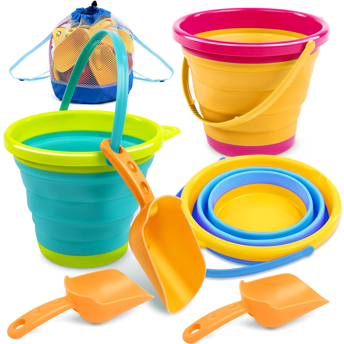 JOYIN 3 Packungen Faltbarer Eimer mit Schaufeln (Bonus-Netztasche), Faltbarer Eimer Mehrzweck für Strand, Strandausrüstung, Sandkasten Spielzeug