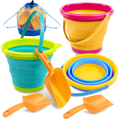 JOYIN 3 Packungen Faltbarer Eimer mit Schaufeln (Bonus-Netztasche), Faltbarer Eimer Mehrzweck für Strand, Strandausrüstung, Sandkasten Spielzeug